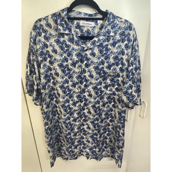 Caribbean Men's L Blue And Cream Hawaiian Collared Button Up Short Sleeve Shirt - Picture 1 of 6